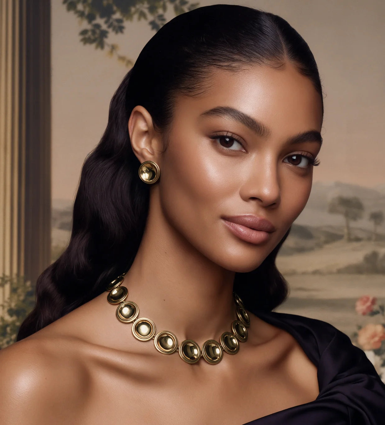 Close portrait of a model wearing the Patera Necklace and Earrings in gold