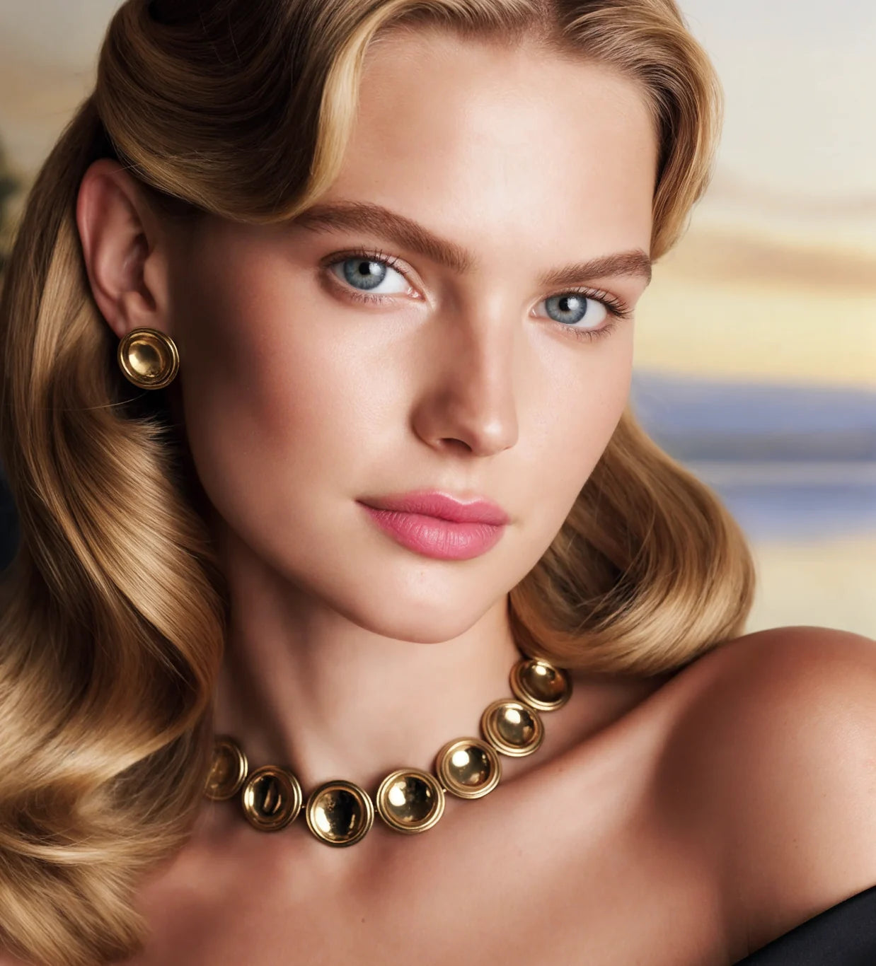 Close portrait of a model wearing the Patera Necklace and Earrings in gold