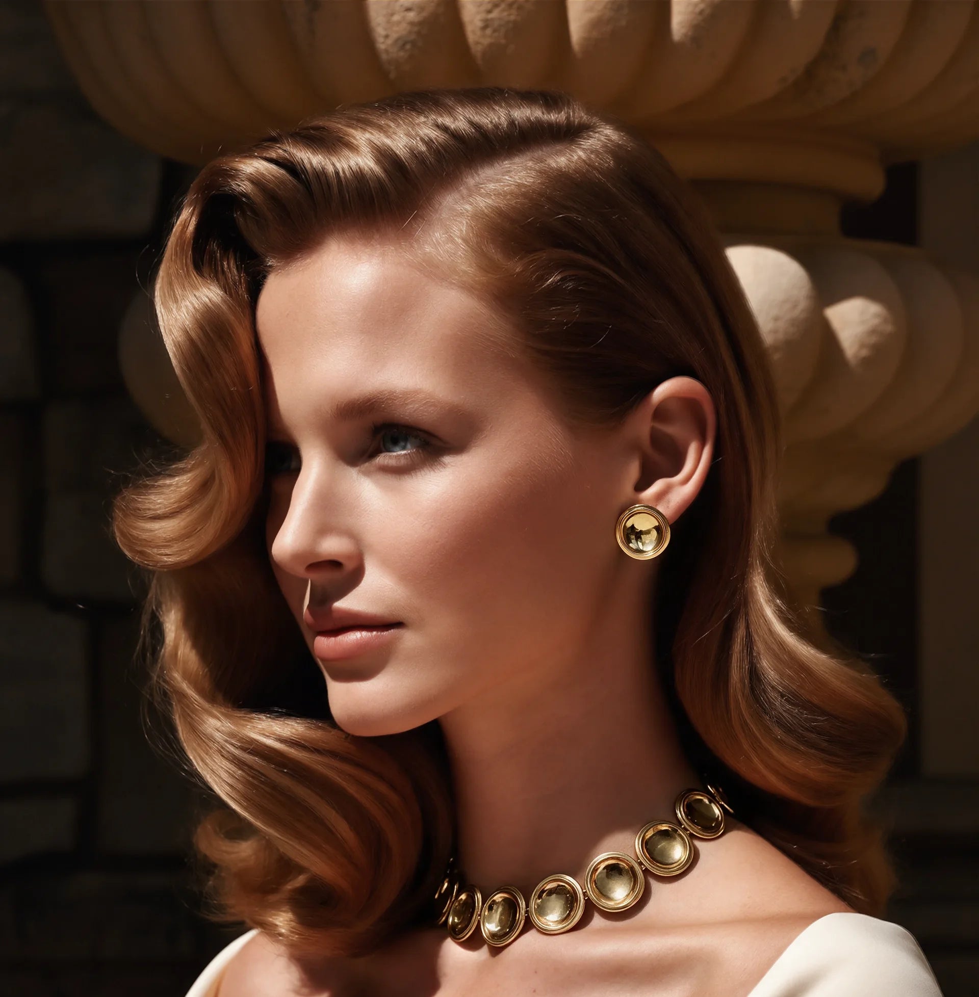 Portrait of a model wearing the Patera Earrings and Necklace in gold