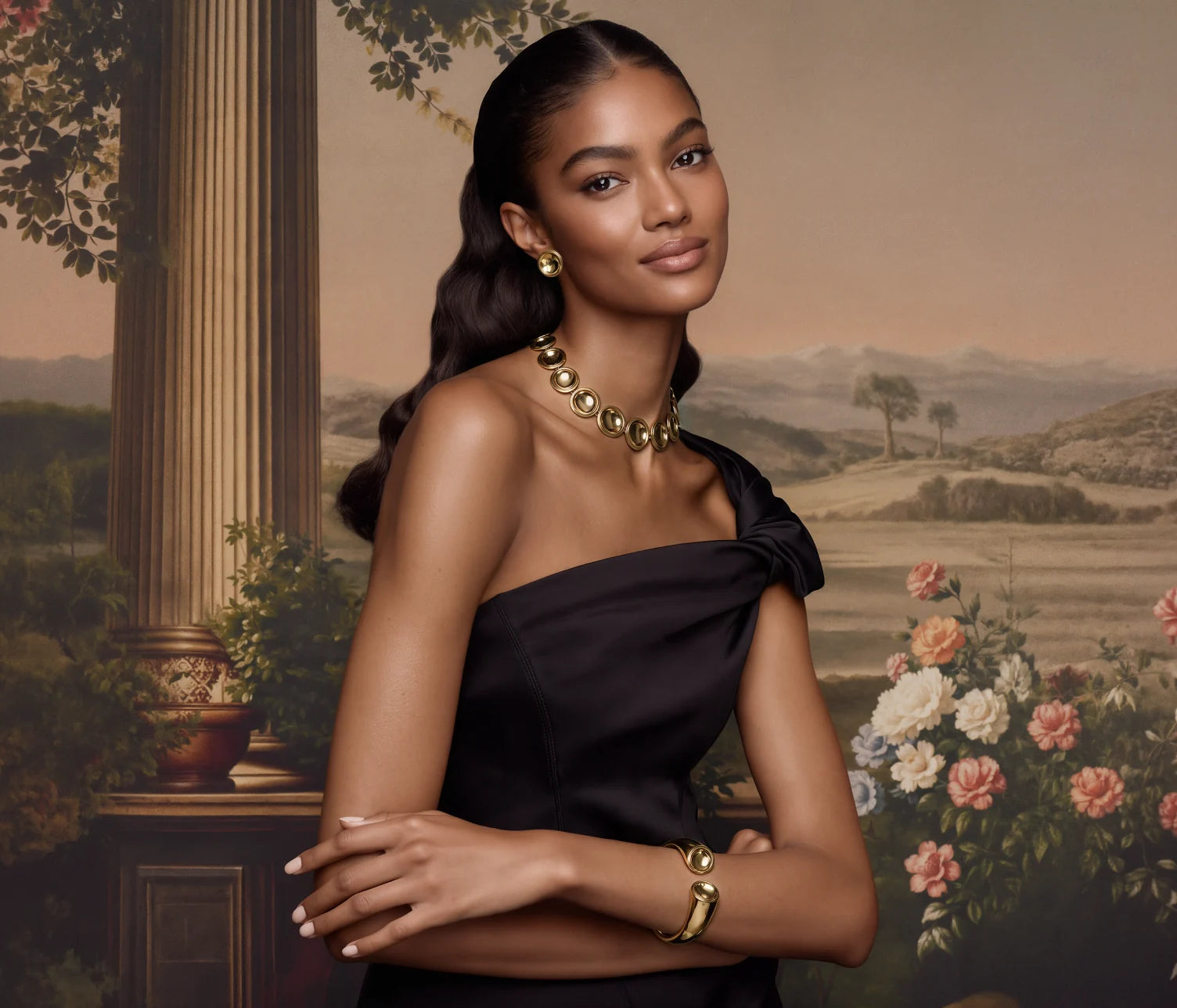 A model in a black dress wearing the Patera Necklace, Earrings and Cuff beside a column and a painted countryside
