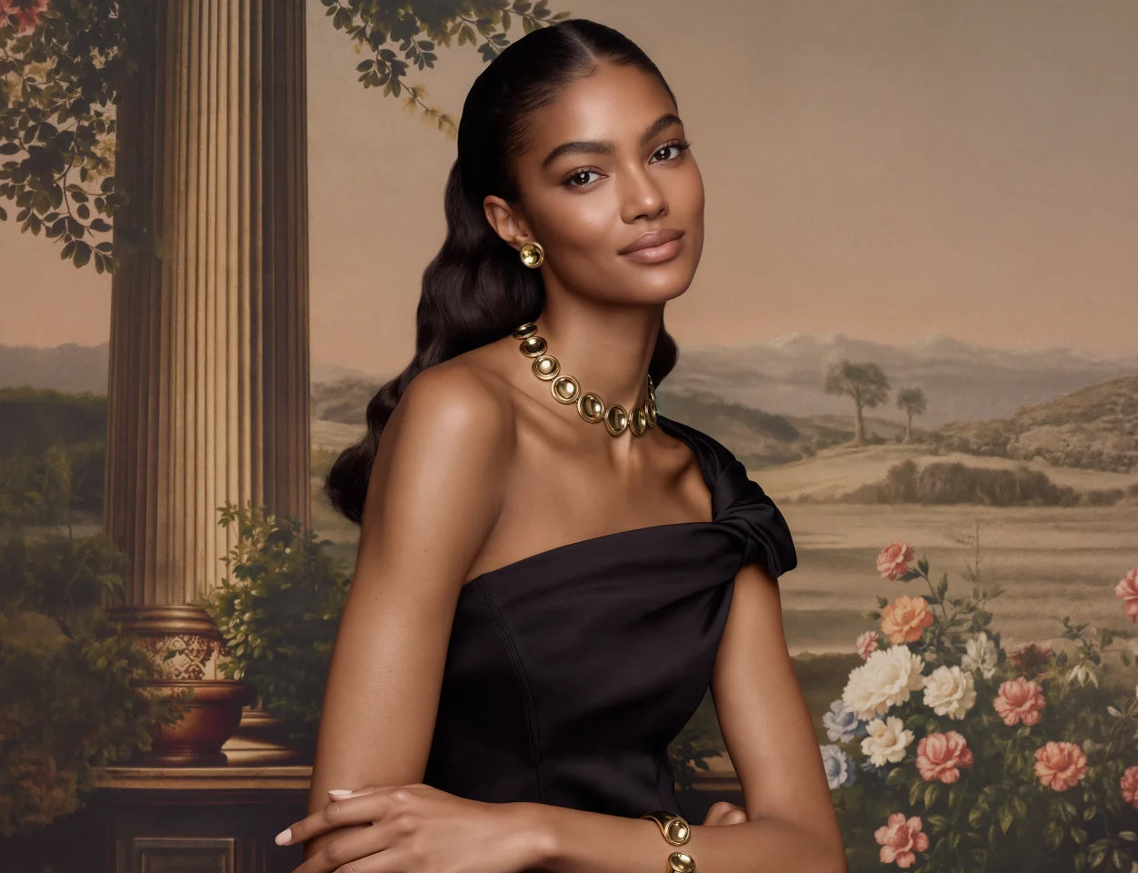 A model in a black dress wearing the Patera Necklace, Earrings and Cuff beside a column and a painted countryside