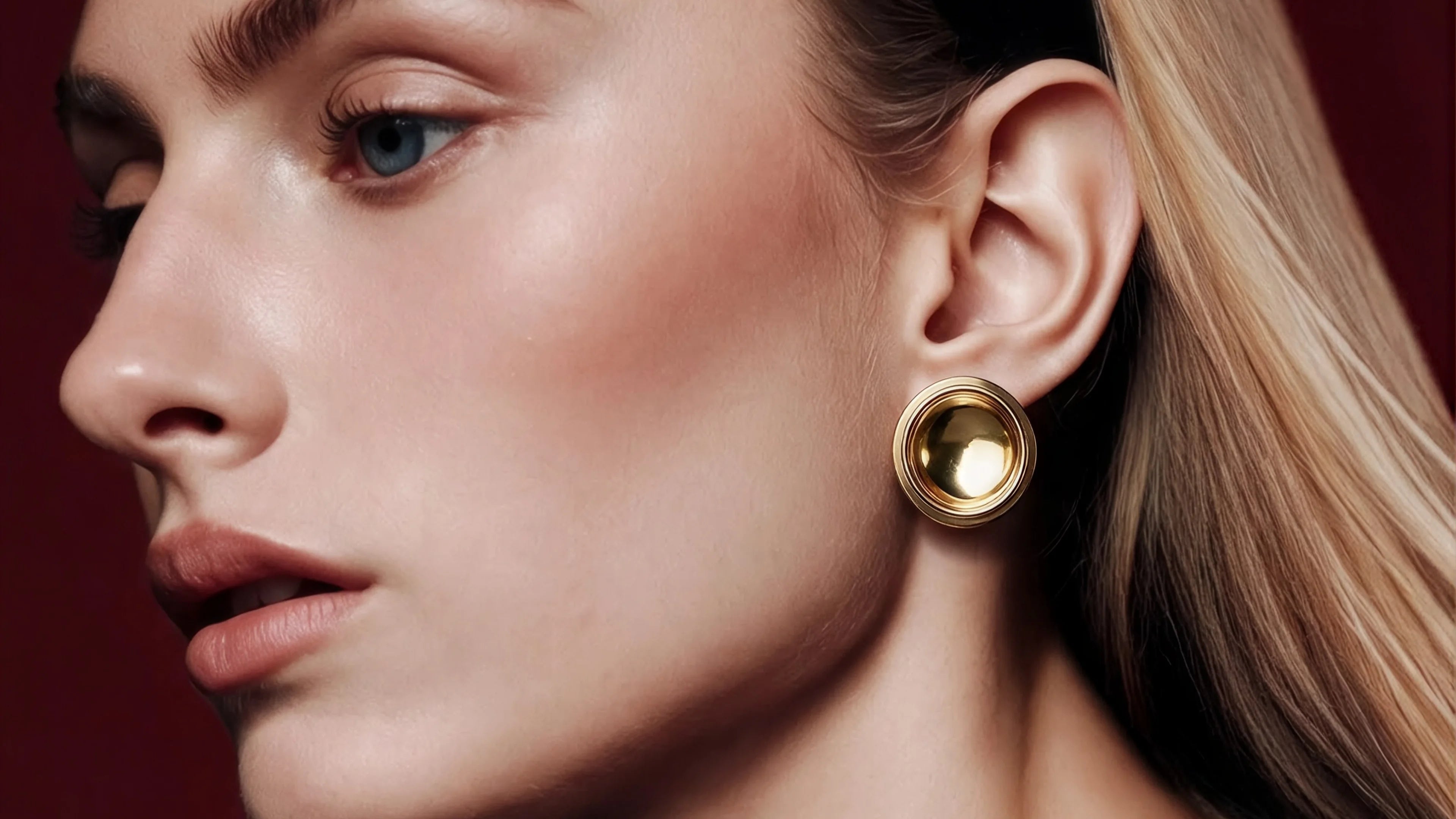 Close profile of a model wearing a Patera Earring in gold