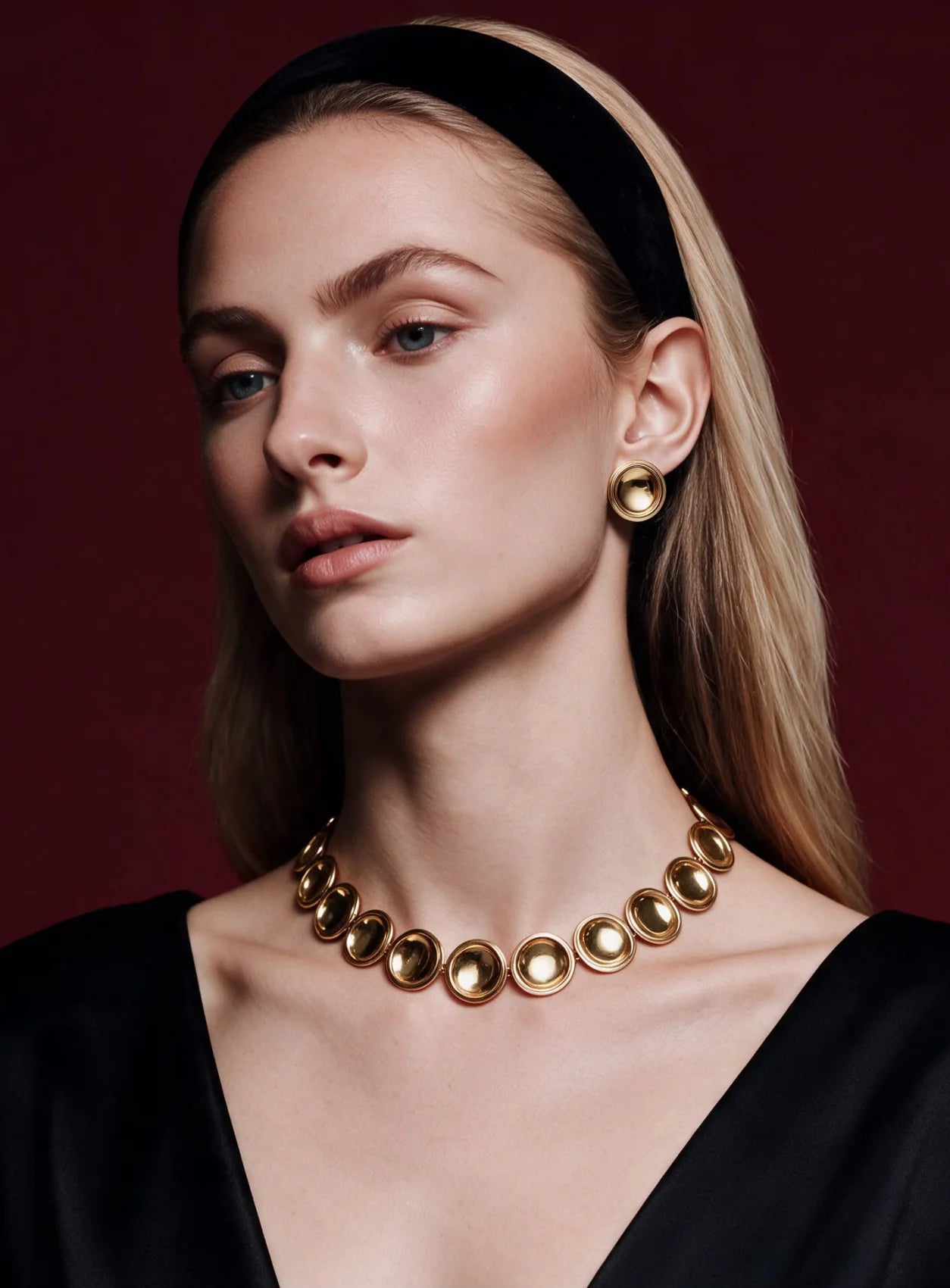 A model in a black dress wearing the Patera Earrings and Necklace in gold